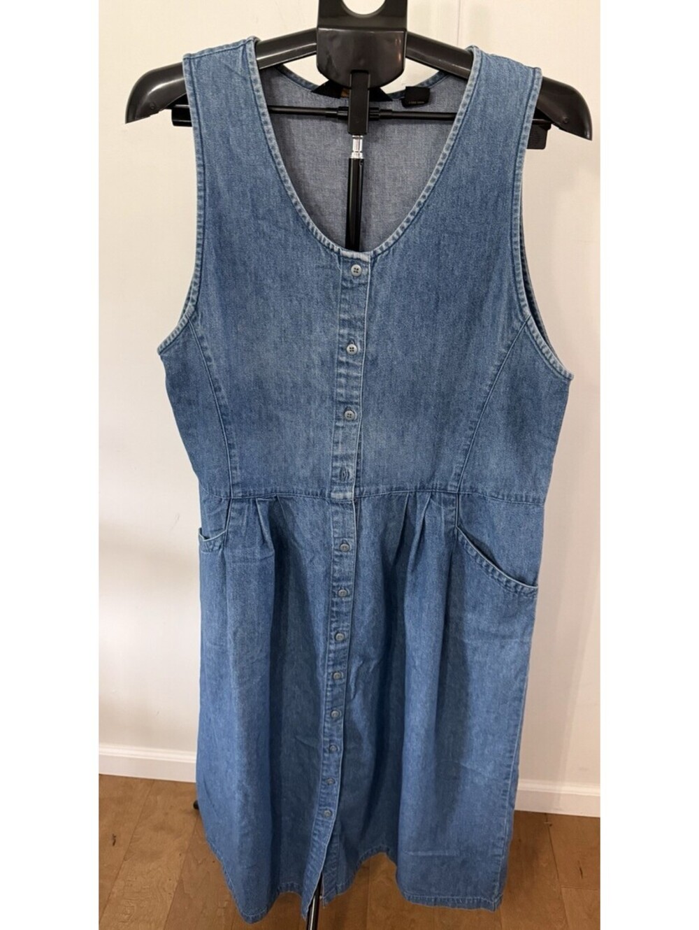 VTG Eddie Bauer Denim Maxi Jumper Dress Size Large Blue Jean Button Teacher